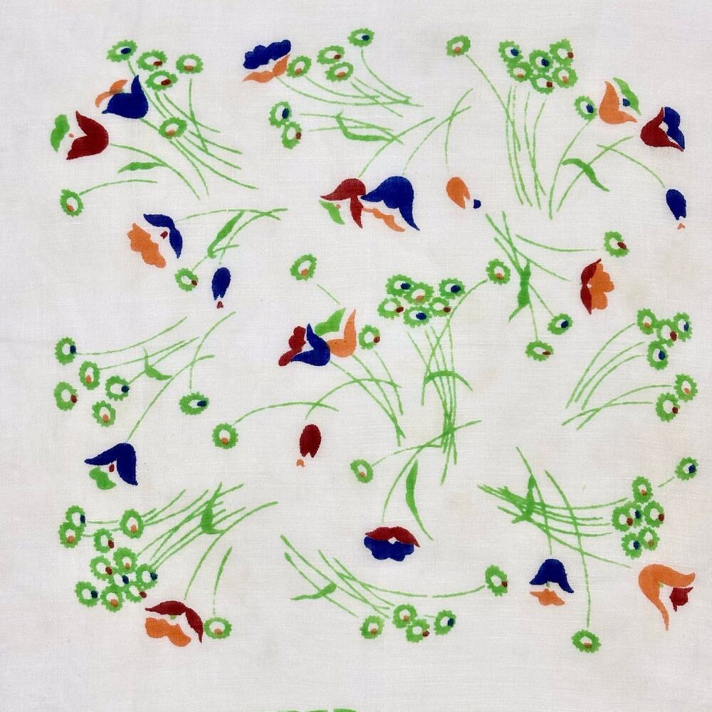 Vintage 1940s Cotton Tulip Print Handkerchief Orange Blue Rust Red Border - Picture 7 of 7